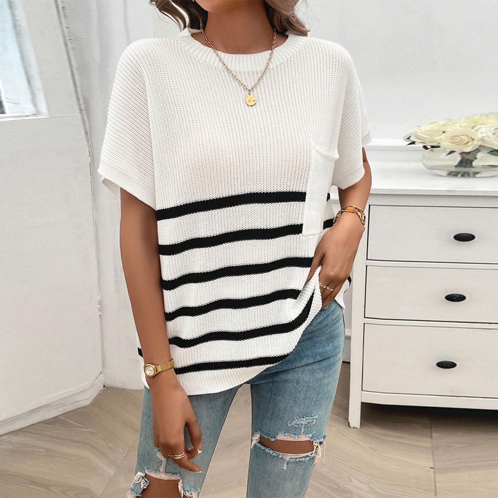 

Женская мода повседневный свободный темперамент круглый вырез в полоску контрастного цвета с коротким рукавом свитер M белый