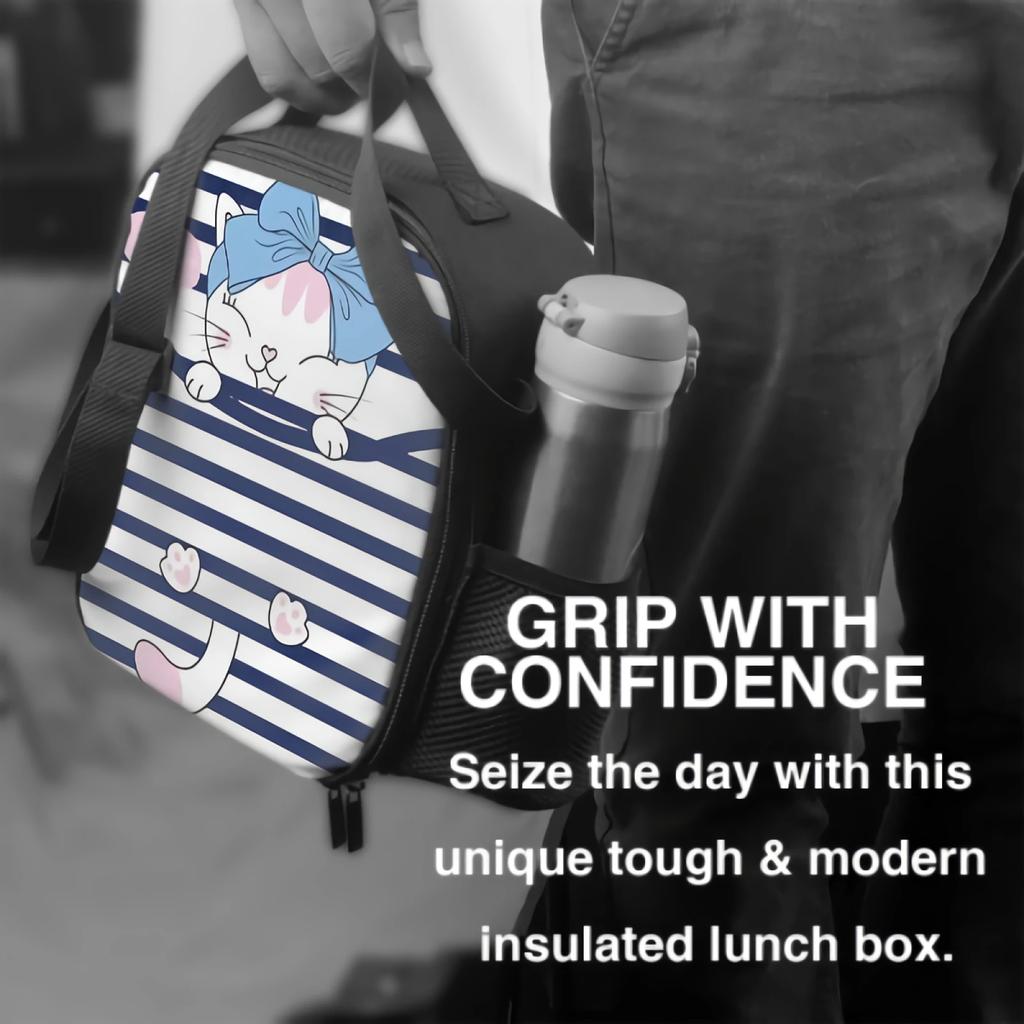 Hand Drawn Cute Cat In Stripe Insulated Lunch Bag for School Picnic Lunch Box Containers for Kids Cooler Bag with Shoulder Strap