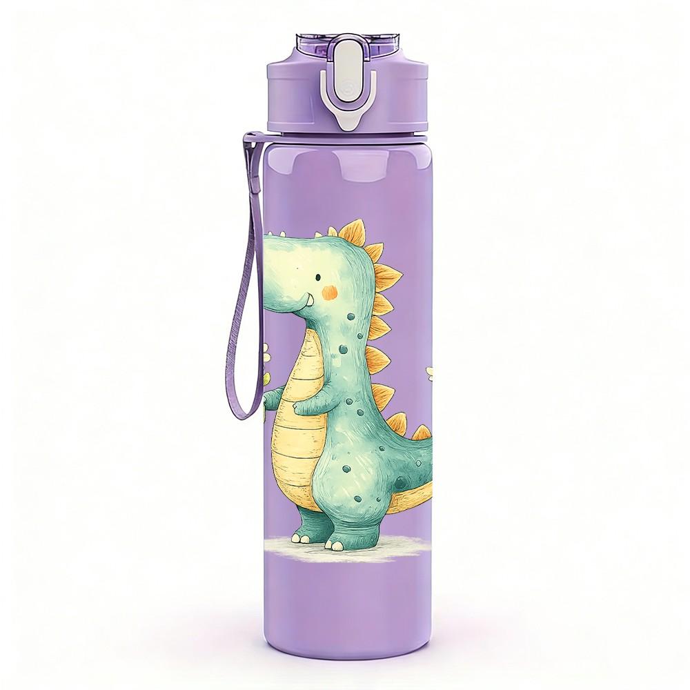 1PC Small Green Baby Dragon Cartoon Print 750ml Color Plastic Sports Water Bottle Leakproof Flip Straw Lid Suitable for Sports Office Home Use