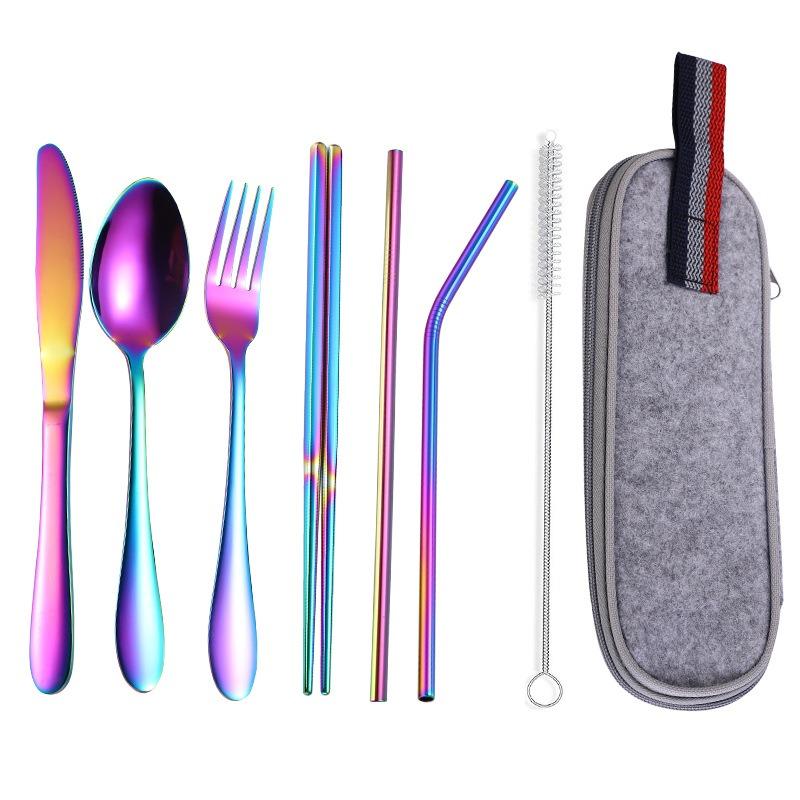 8Pcs Stainless Steel Straw Set Outdoor Western-style Knife, Fork, Spoon and Chopsticks Portable Cutlery Bag