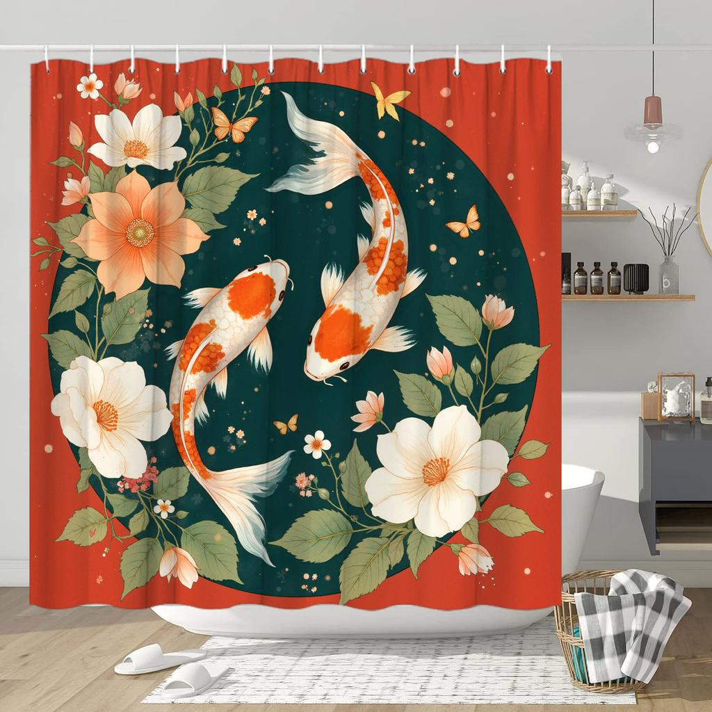 Koi Fish & Floral Shower Curtain - Watercolor Design, Polyester, 12 Hooks, 70.8x70.8 Inches, Nature-Inspired Decor