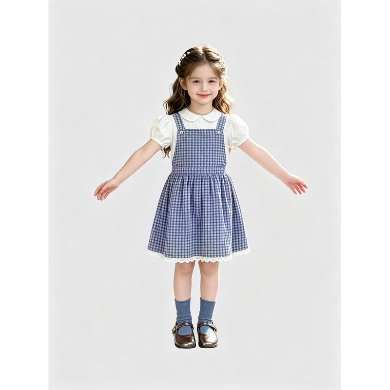 Sommer-Revers-Oberteil und kariertes Kleid Set für Mädchen