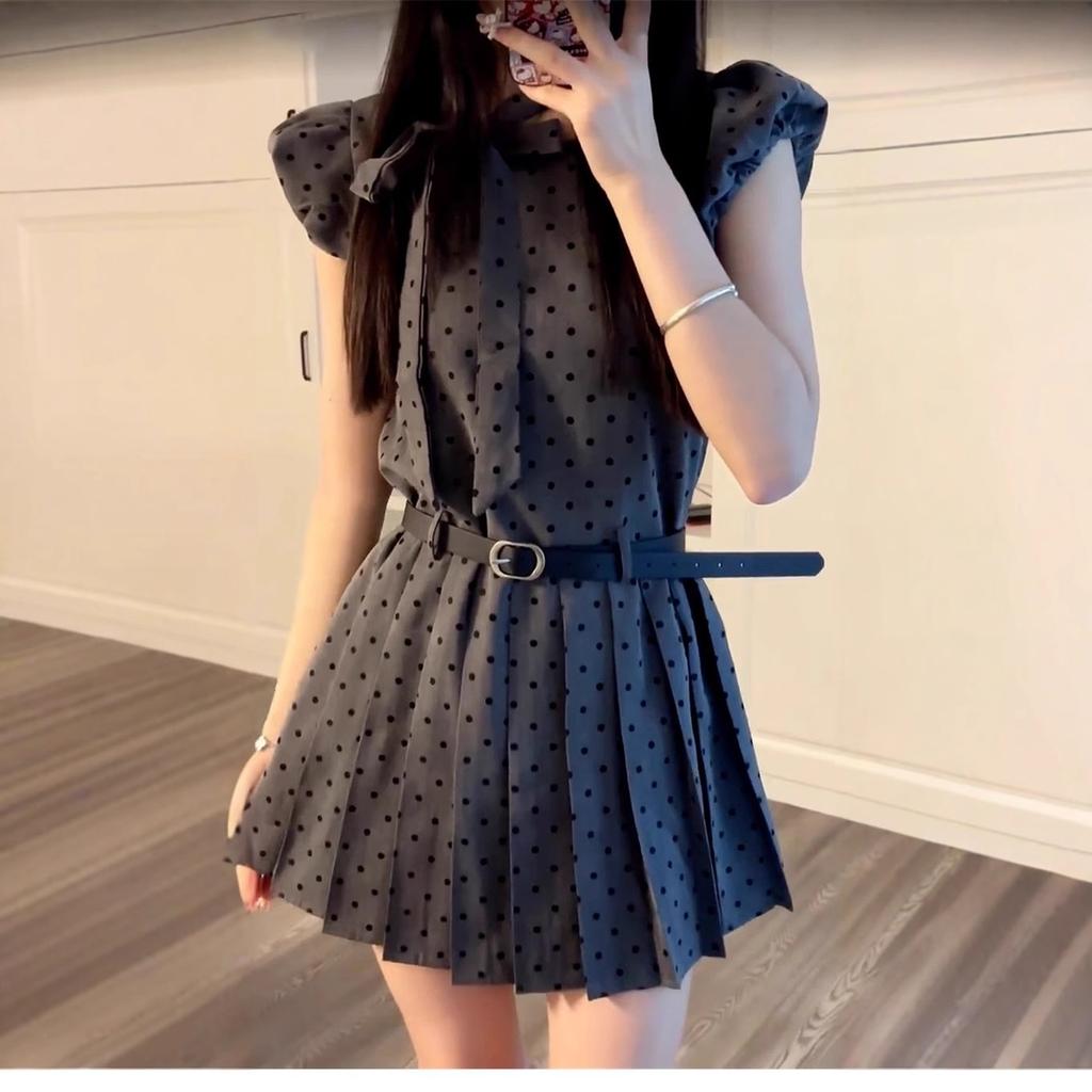 Small gray polka dot dress children's summer new miu wear waist a word pleated skirt