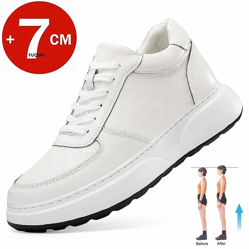White Leather Sneakers with Thick Soles Elevator Men Shoes Outdoor Men Formal Shoes 7CM Invisible Inner Height Increasing Sports