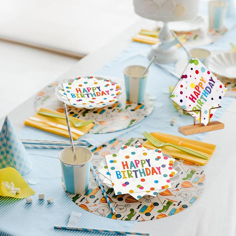 20Pcs Happy Birthday Paper Napkins, Disposable Cocktail Napkins with Colourful Dots for Kids Birthday, Baby Shower Party