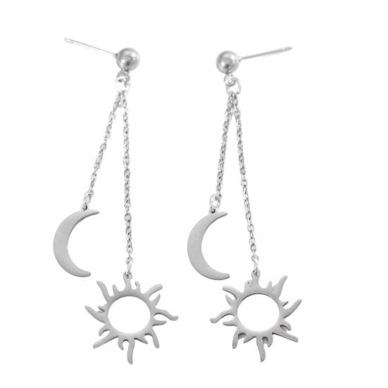 Women Adjustable Bracelet Asymmetrical Sun Moon Design Long Pendant Drop Earrings Face Slimming Jewelry