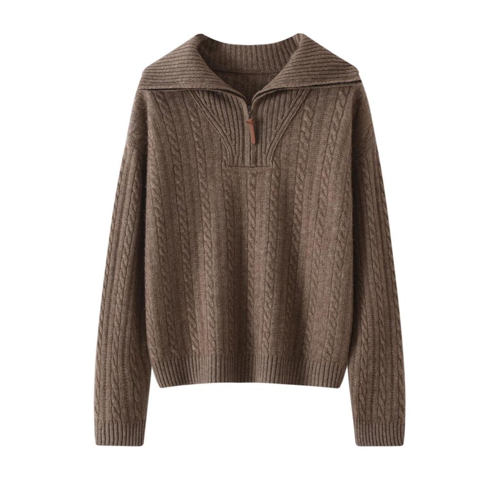 Little He Women's Half-Open Lapel Cashmere Sweater, Cable Knit, Seven-Gauge Thickened Wool, Simple Winter Wear