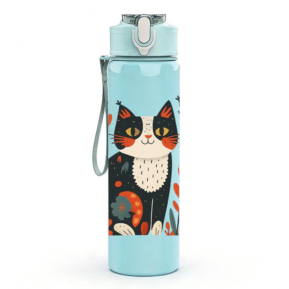 1PC Floral Pattern Cat Portrait 750ml Color Plastic Sports Water Bottle Leakproof Flip Straw Lid Suitable for Sports Office Home Use