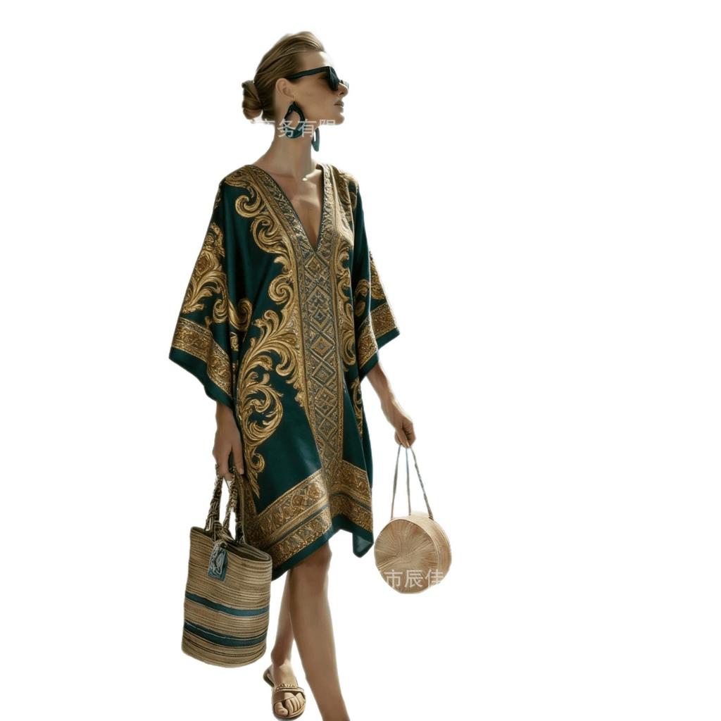 European, American Bohemian Large Size Women's Clothing Casual Loose 3D Printed Dress Robe Bamboo Hemp Others