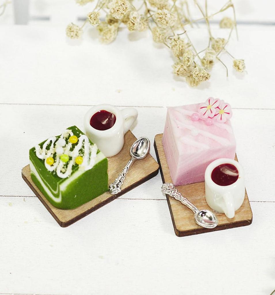 moin moin Miniature Scale Cake Sweets Figure Set Coffee Food Realistic Delicious Tableware Green Dollhouse Wood Random 2307mini23 1/6 & (Wood Plate, &