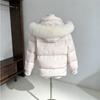 Womens Short Hooded Puffer Jacket With Faux Fur Trim Pink 90 White Duck Down Winter Coat