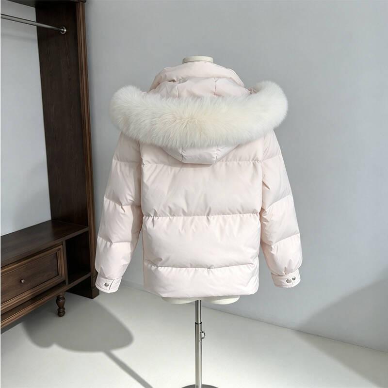 Womens Short Hooded Puffer Jacket With Faux Fur Trim Pink 90 White Duck Down Winter Coat