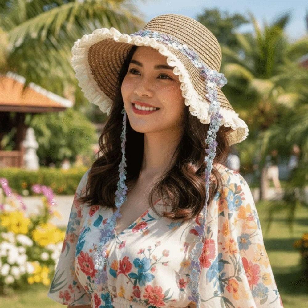 Breathable Vacation Beach Cap with Garland Lightweight Big Brimmed Straw Hat Sunshade Topi with Lace Woven Sun Cap Performances
