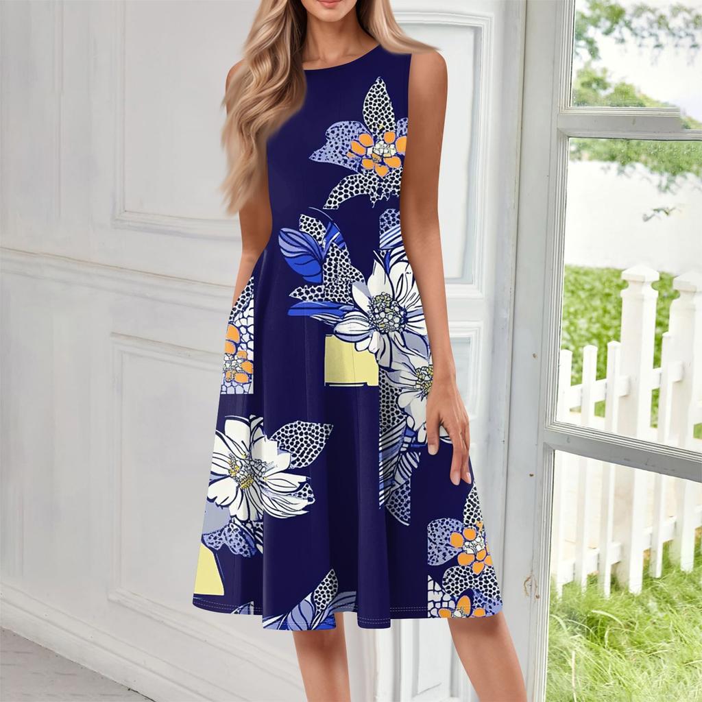 Women's Casual Fashion Floral Print Round Neck Sleeveless Midi Dress