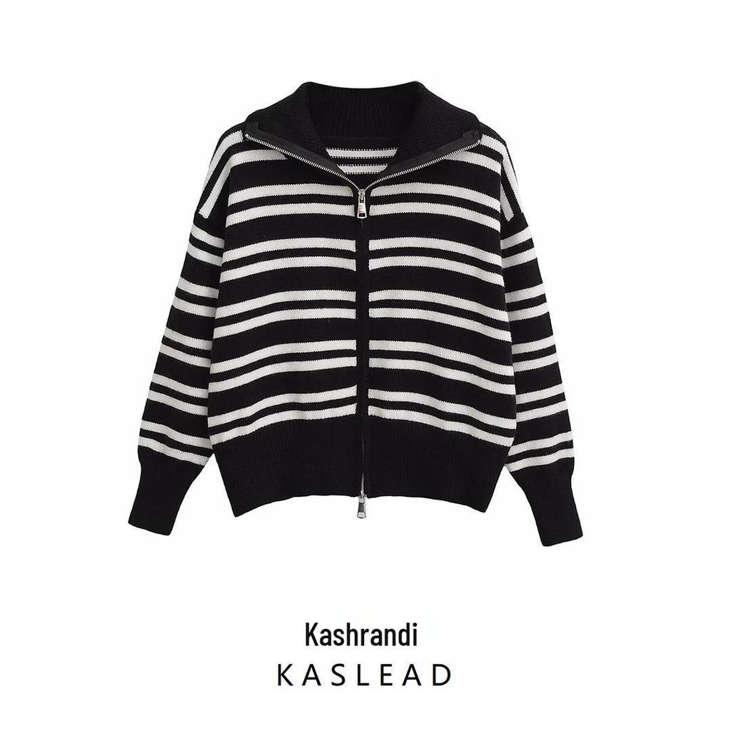 2025 Autumn Women's European & American Style Striped Lapel Long Sleeve Zipper Cardigan Jacket