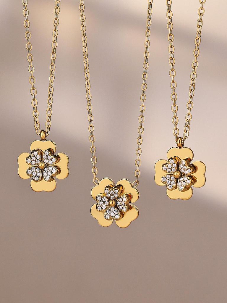 European & American Light Luxury Clover Jewelry Set: Stainless Steel, Zirconia-Embedded, Versatile Necklace, Bracelet, Ring & Earrings for Women.