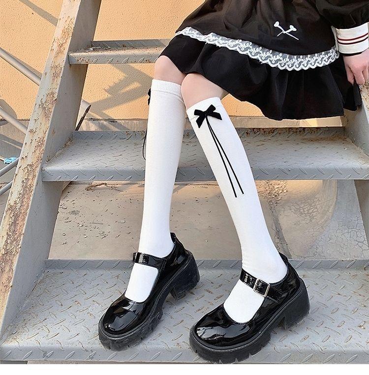 White Jk Bow Calf Socks Niche Women Polyester Cotton Medium Long Tube Spring And Autumn Knee Half Leg Socks High Tube