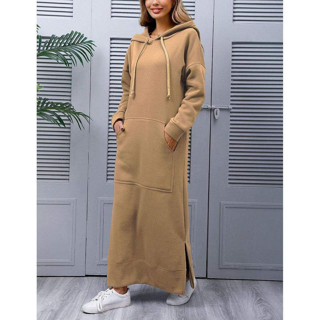 Vestito Felpa con Cappuccio da Donna Moda Orlo Allacciato Midi Accappatoio con Cappuccio Lungo Vestidos Inverno Caldo Casual Largo Vestito Felpa