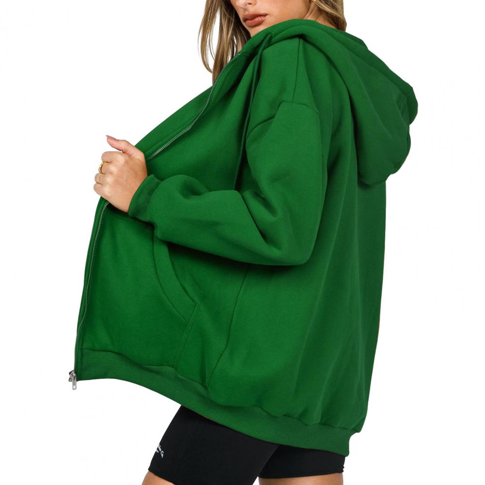Women Fall Winter Coat Hooded Long Sleeve Zip Up Loose Solid Color Mid Length Thick Pockets Soft Casual Cardigan Jacket