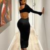 Sexy Cross Neck Hollow Out Maxi Dress Women Solid Backless Full Sleeve Hipster Party Robe Female Slim High Streetwear