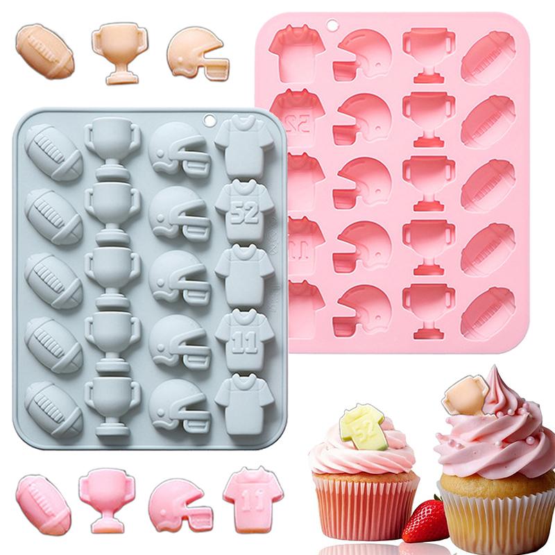 Football Chocolate Mold,Sports Theme Silicone Mold, 20-Cavity Football Rugby Trophy Helmet Jersey Silicone Fondant Candy Mould