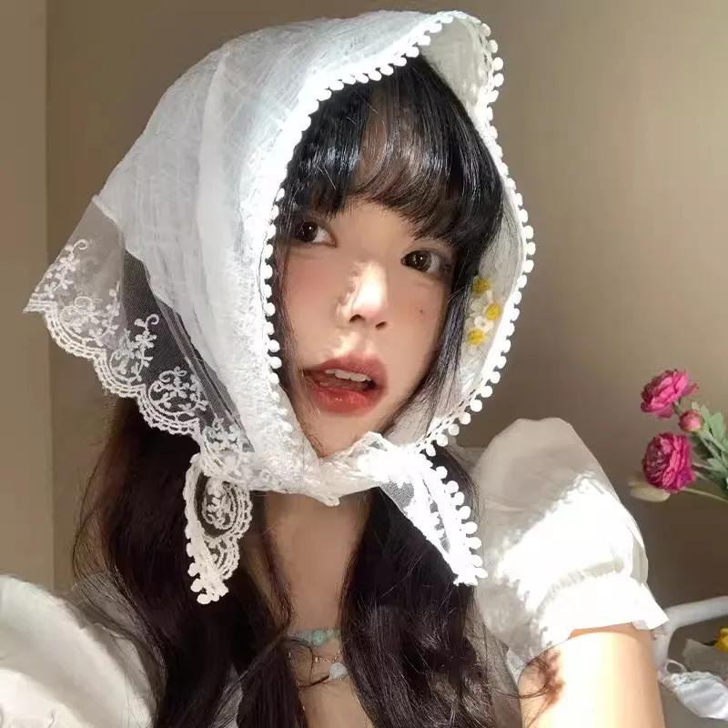 

Французький мереживний трикутний шарф для волосся Жіночі дівчата Весна Літо Корея Гумка для волосся Солодкий шарф Хустка Жіноча дівчина Хустка Головний убір білий