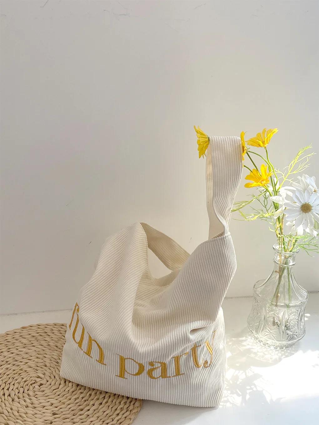 

Simple Letter Embroidery Women s Shoulder Bags Commute Corduroy Ladies Shopping Bag Solid Color Female Girls Book Tote Handbags бежевый