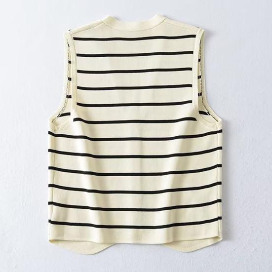 Women Knitting Vest V-Neck Sleeveless Single Breasted Striped Print Vest Wrinkle-Resistant Knitwear Daily Wear