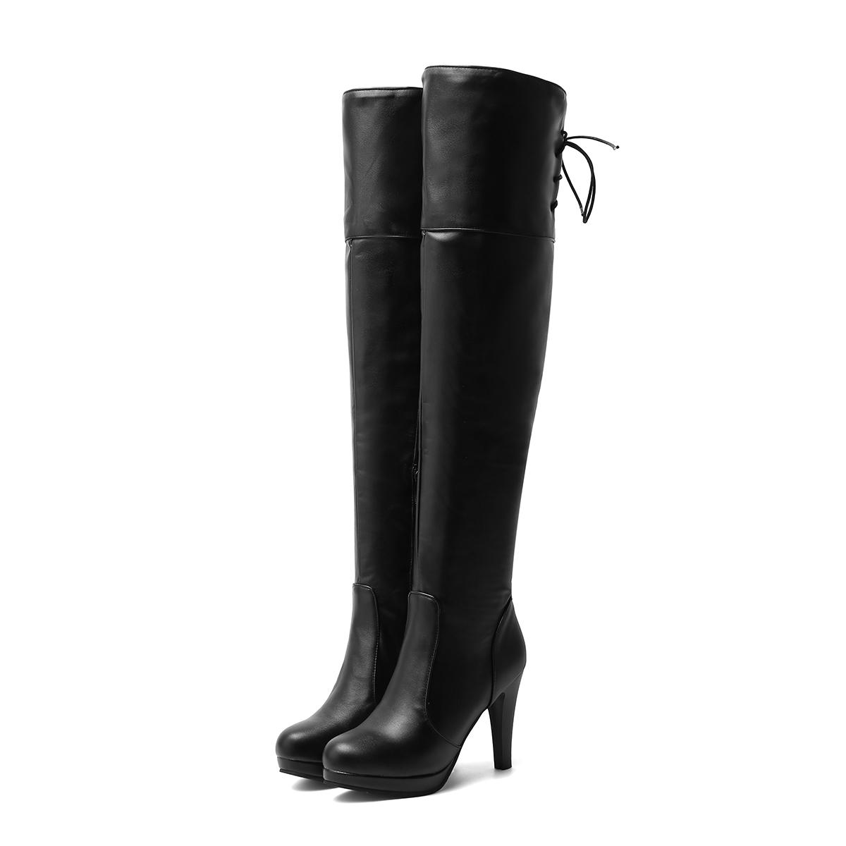 

Women s high-heeled boots, sexy European and American style autumn and winter new waterproof table, fine-heeled large-size knee boots 34 чёрный