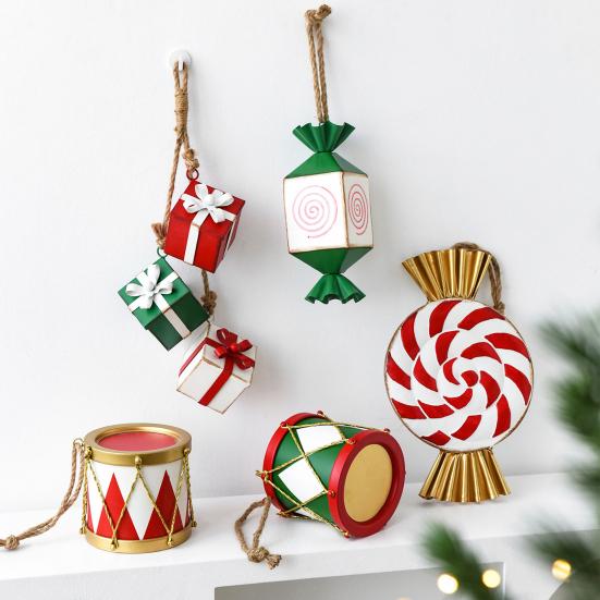 Metal Christmas Ornament Iron Gift Box/Candy/Drum Hanging Decorations for Christmas Tree Holiday Party Decor