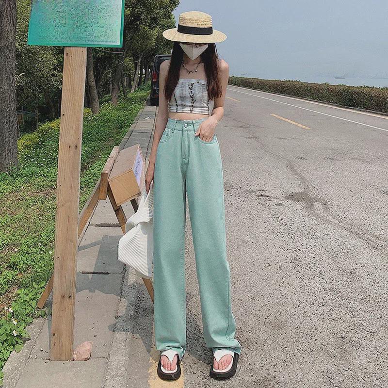 Kadın Nane Yeşili Yüksek Bel Geniş Paça Kot Pantolon, Kore Tarzı, Yere Kadar Uzunlukta, Bol Kesim, Büyük Beden, Yazlık.