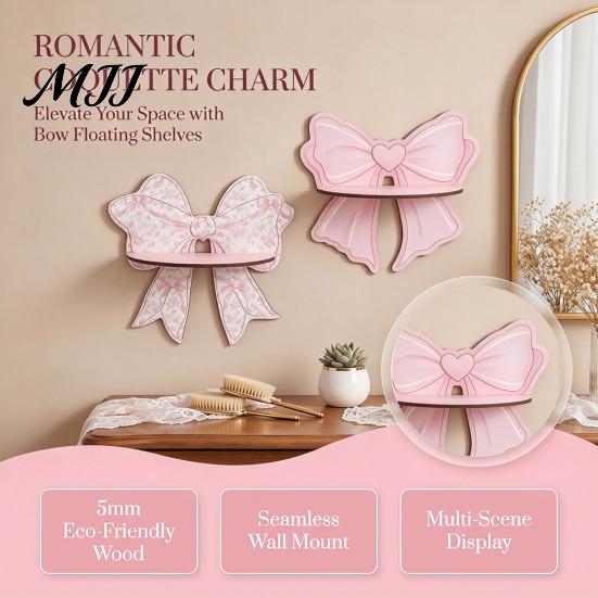 Pink Decorative Wall Shelves Cute Bow Wooden Shelf, Shaped Display Rack, Mount Mounted Bedside Shelf Storage for Bedroom Vanity Room, Small Plants Tie