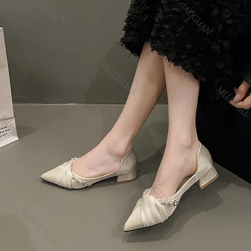 Fashion Pointed Shallow Mouth Single Shoes Pearl Decoration Thick Low Heel Pumps Spring Autumn Temperament Slip on Dress Heels Women