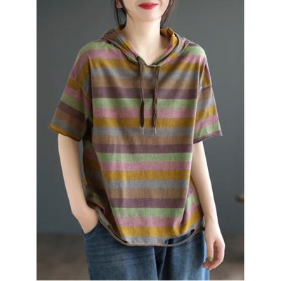 T-shirt a righe retrò letteraria estiva da donna, felpa con cappuccio a maniche corte, larga e sottile