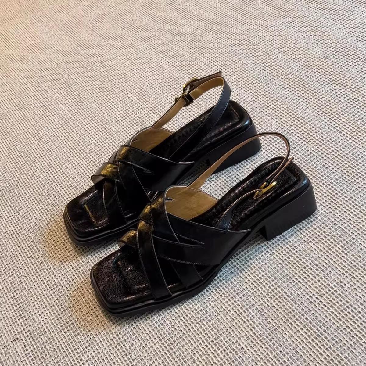 

Кожаные туфли с квадратным носком и перекрестными ремешками, женские новые, для улицы, литературные и ретро, плетеные сандалии на толстом каблуке 40