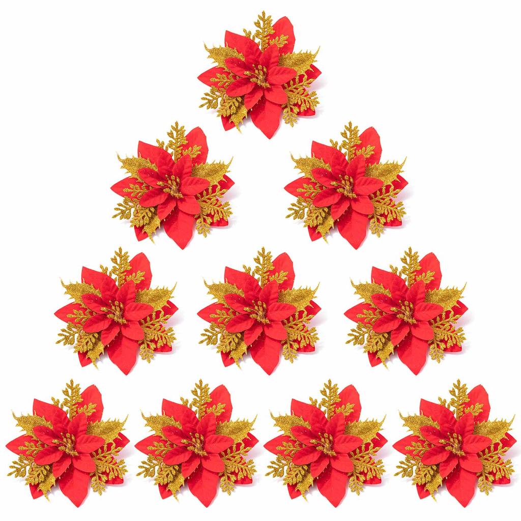 10pcs Glitter Artificial Poinsettia Flower Christmas Decorations for XmasTree Wreath Ornament Wedding Home New Year Gift