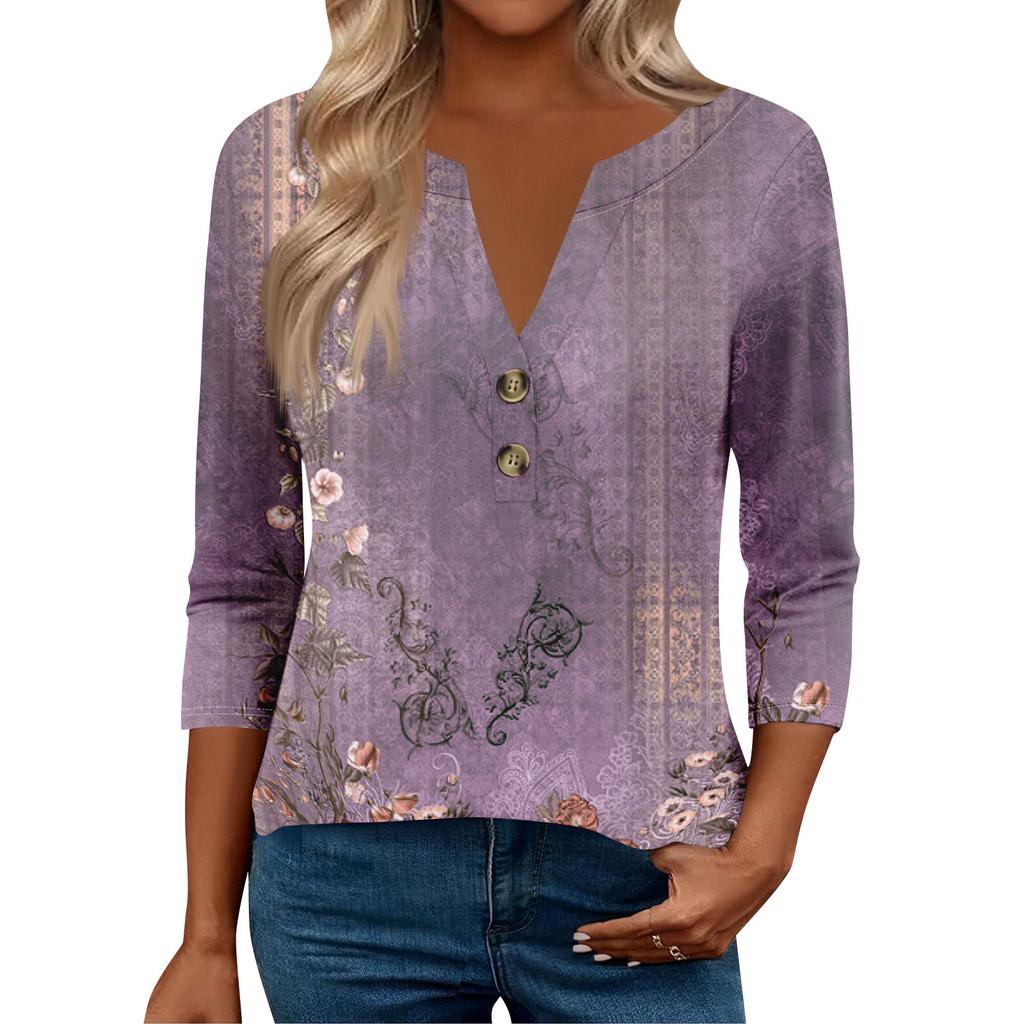 3/4 Ermer Dames Topper For Kvinner Henely Topper Knapper V-hals Løs Passform Pyntet Damesommertopper