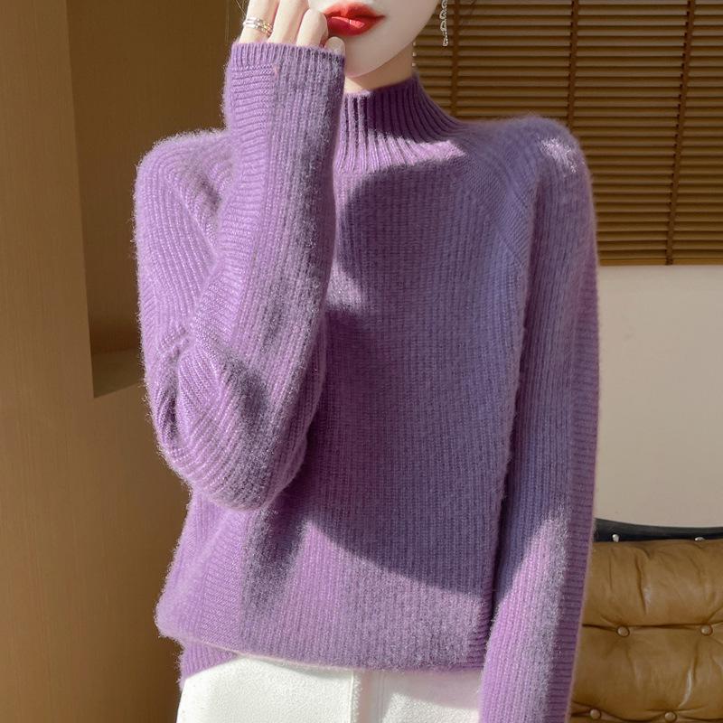 Autumn/Winter Women's High-Neck Wool Ribbed Knit Pullover