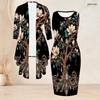 Women Plus Size Two Piece Set Sleeveless Round Neck Bodycon Dress 3 4 Sleeve Open Cardigan Floral Printed Black