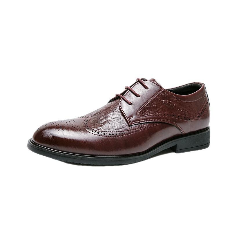 Men's Business Dress Pointed Leather Shoes Brock Flower British Red Lace-up Wedding New Leather Shoes