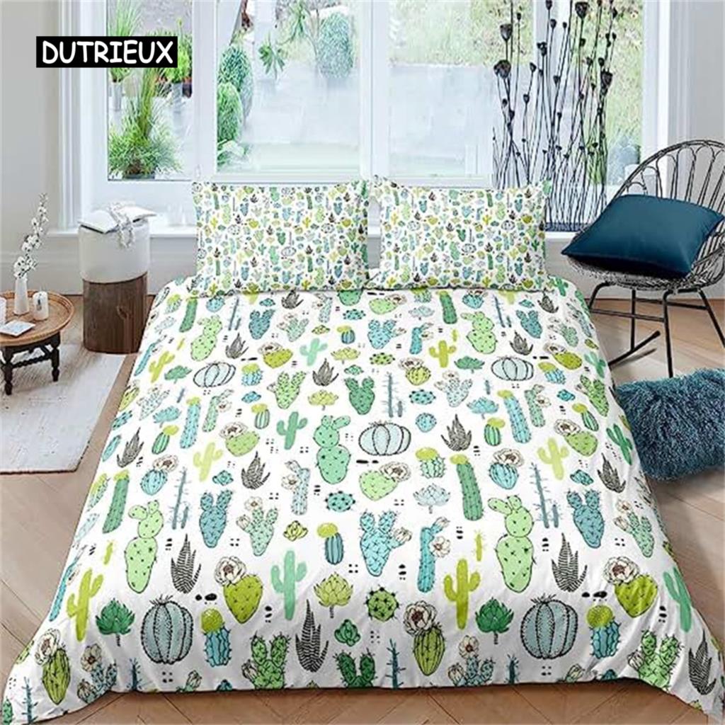 Cartoon Cactus Duvet Cover Green Plants Succulents Bedding Duvet Cover Kids Teens Nature Art Soft Microfiber Bedroom Decorative
