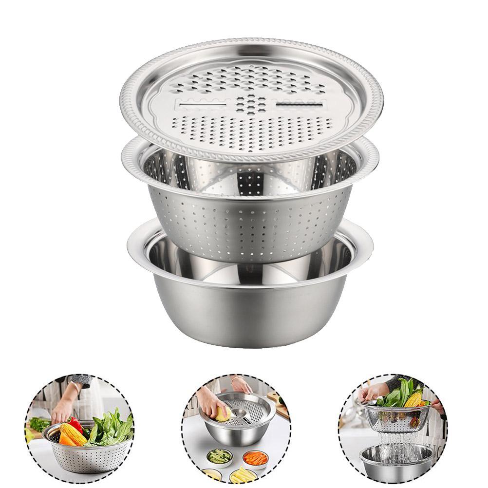 3pcs Multifunctional Stainless Steel Basin Set Fruit Vegetable Bracket Drain Basin Grater Basin Kitchen Tools