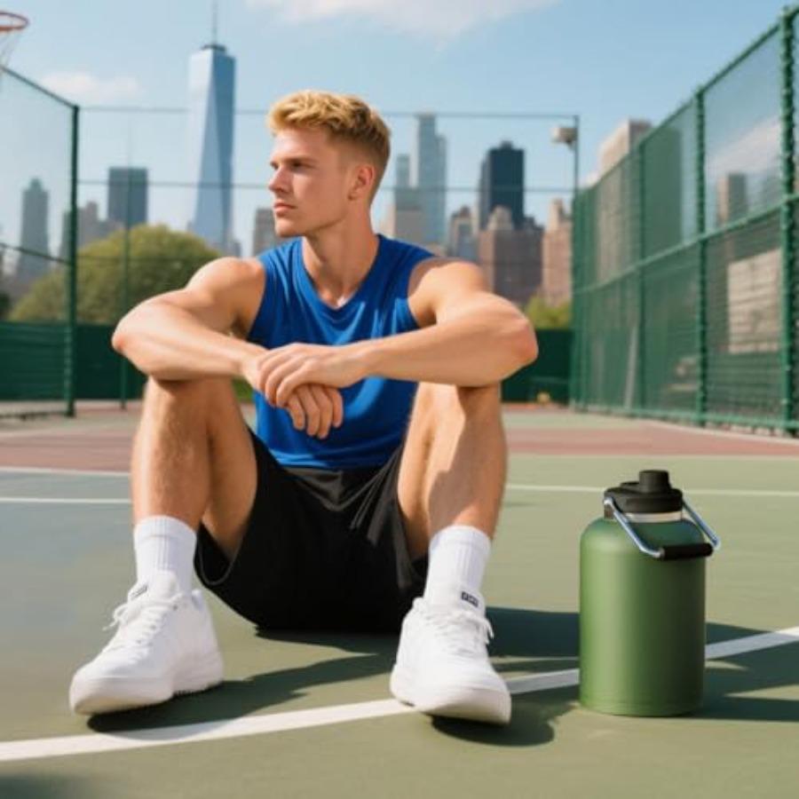 One Gallon Jug with Straw 128 Oz Double Wall Vacuum Insulated Sports Water Bottle In Stainless Steel Keeps Cold Up To 48 Hours