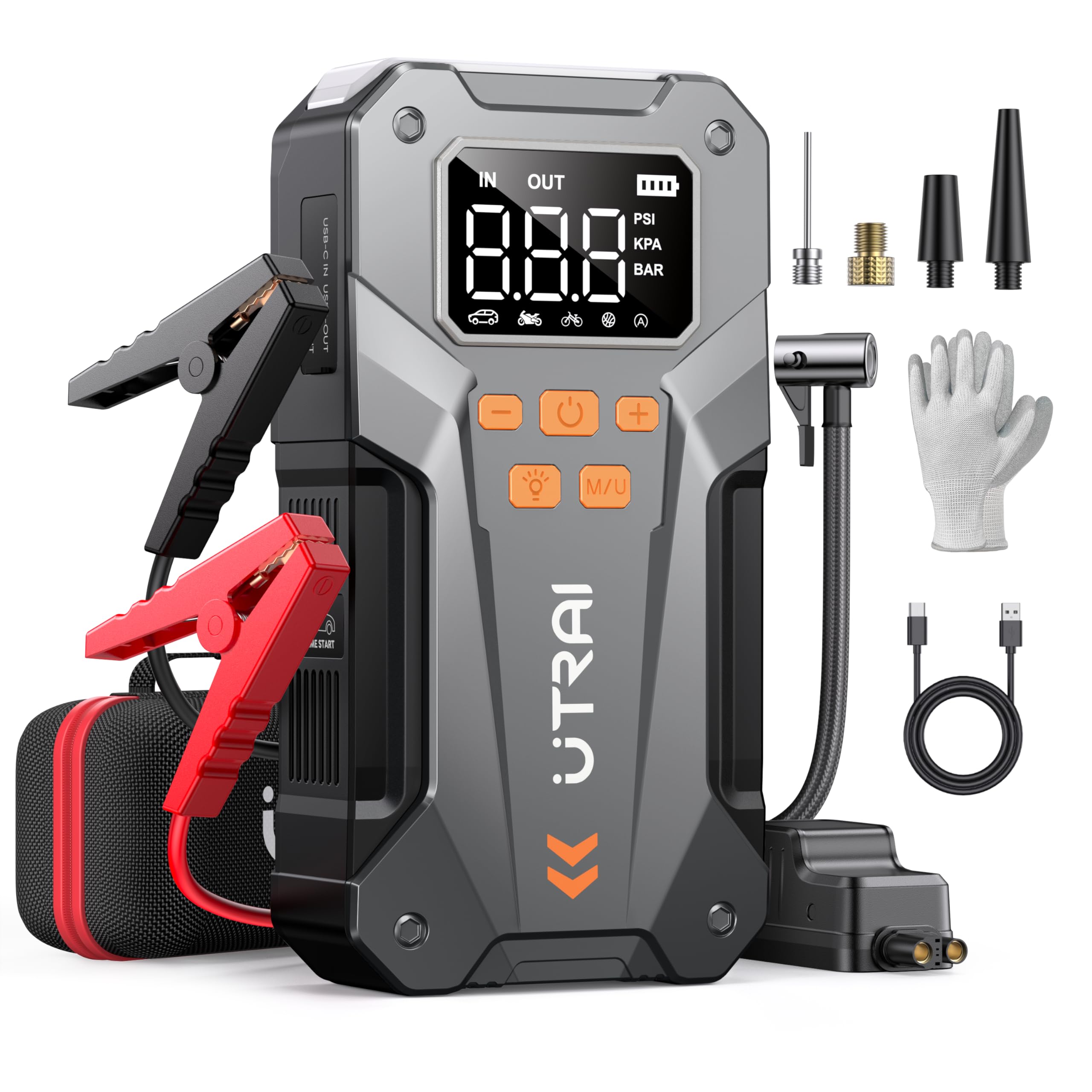 

UTRAI Jump Starter Air 5000A 150PSI Air Compatible with and Mobile LED USB Fast PSE & Pump, 12V, Built-in Compressor, Bicycles, Motorcycles, Cars,