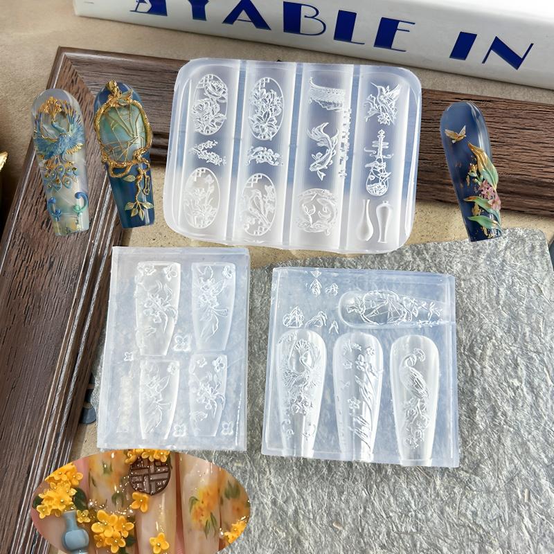 Flower Peacock 3D Silicone Nail Mold Chinese Style Relief Transparent Template Manicure Design Tools DIY Nail Art Decoration