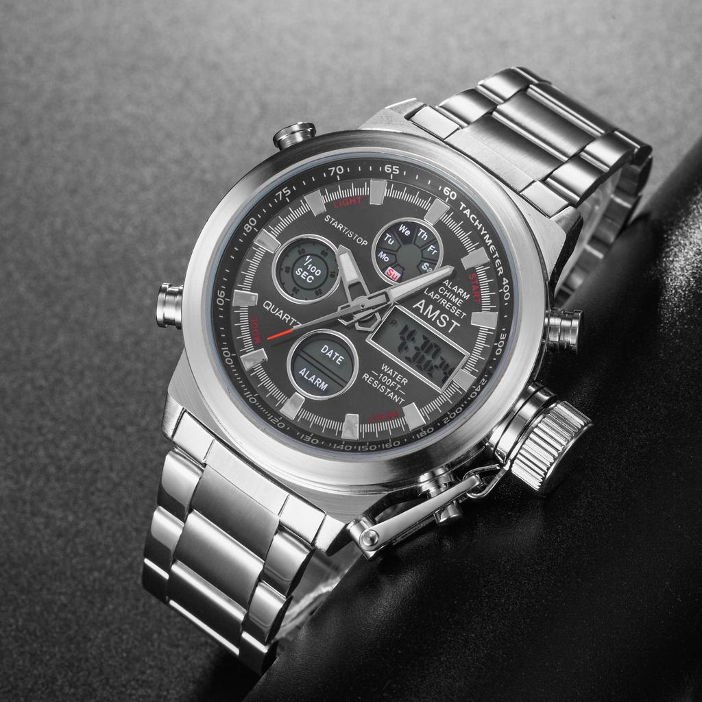 AMST Men Watch Top Luxury Brand Red Big Dial Sport Watches Mens Chronograph Quartz Wristwatch Date Male Clock Relogio Masculino