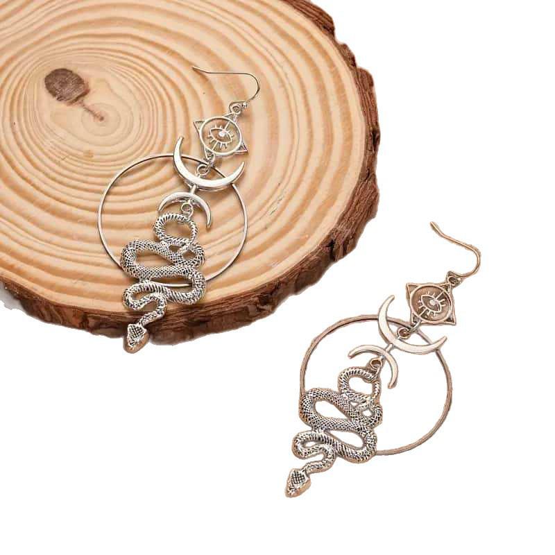 Gothic Geometric Round Dangle Earrings - Retro Moon, Snake, Demon Eye Hoop Earrings