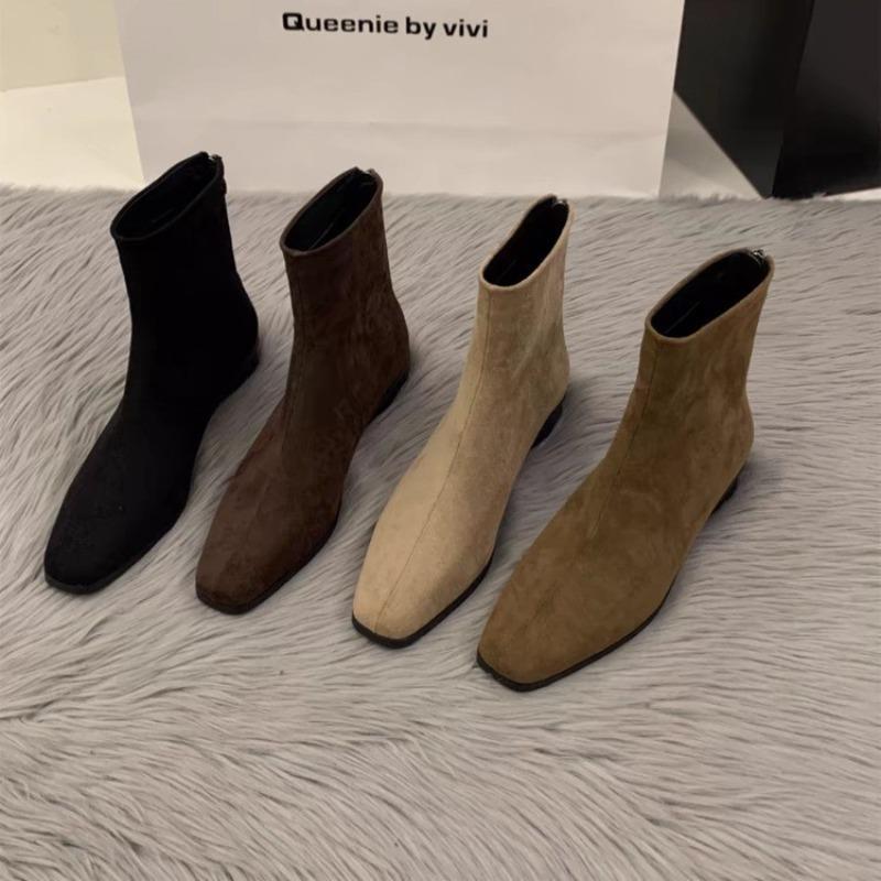 Boots Women's Coarse Heel Suede Small Ankle Boots Women's Shoes, New Versatile Fleece Skinny Boots Short Boots
