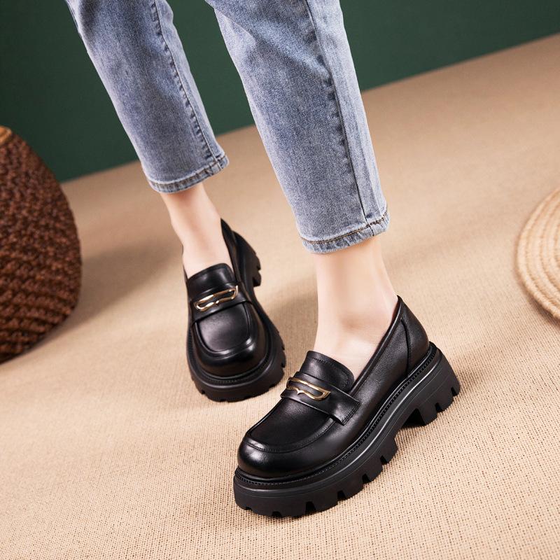 First Layer Cowhide Loafers Women's Spring and Autumn New Soft Leather British Style Foam Platform Single Shoes Women's Muffin Shoes