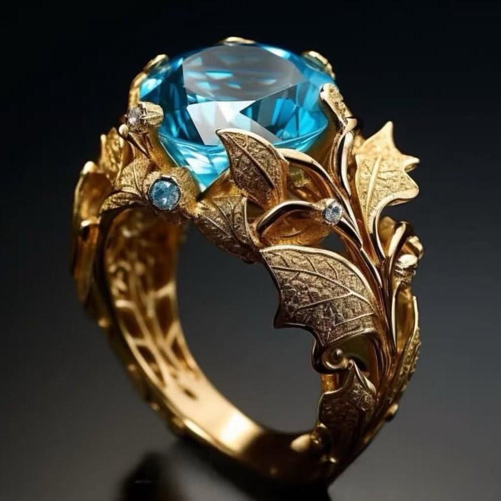 2025 Gold-Plated Ring with Lake Blue Stone - Women's Cross-Border Alloy Jewelry
